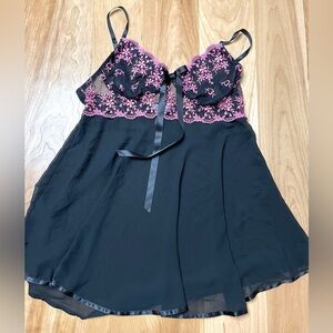 Maidenform Women’s Large Black Sheer Chemise Pink Embroidery Satin Trim